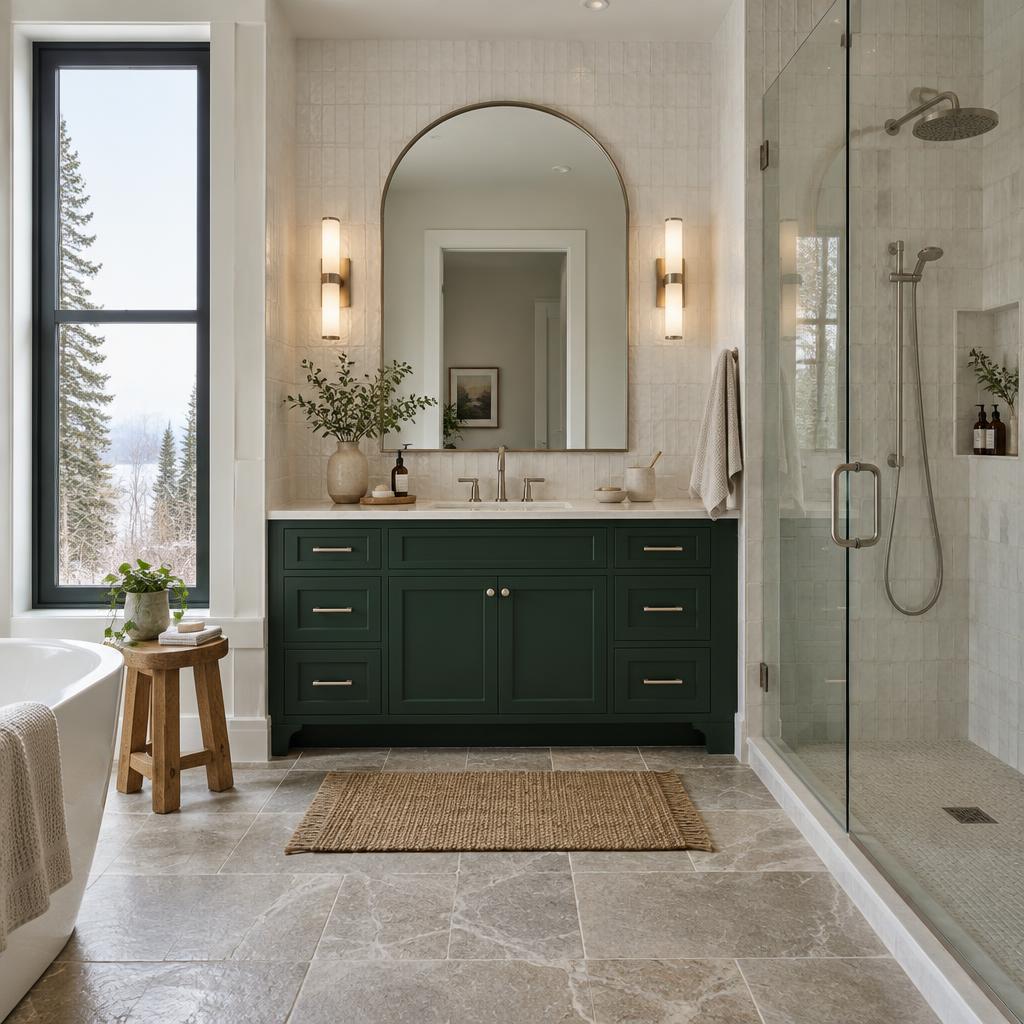 Salle de bain rénovée avec vanité et douche vitrée